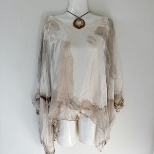 Scandal Ivory/Tan Silk Scoop Neck Layered Floaty Italian-Made Blouse One Size